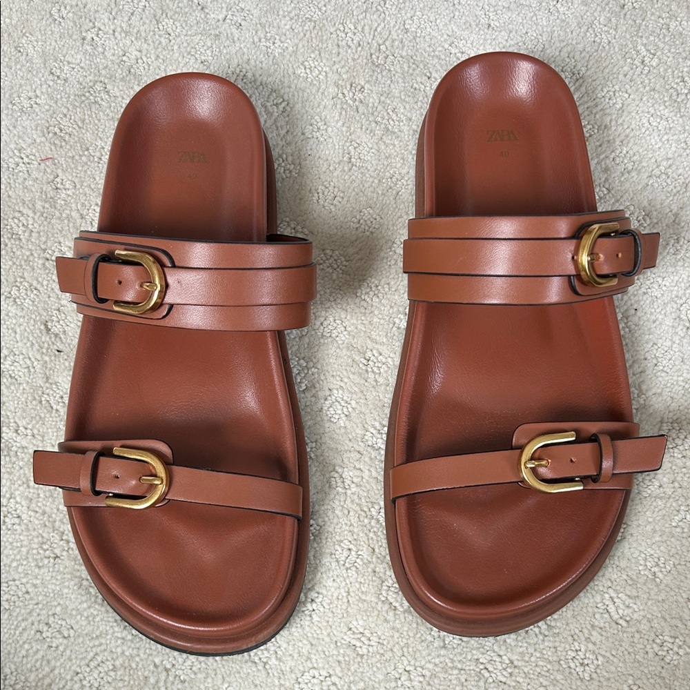 Zara Tan Leather Sandals with Gold Accents